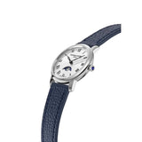 Frederique Constant Classics Slimline Ladies Moonphase vista laterale cassa acciaio corona con cabochon blu FC-206RS1S6