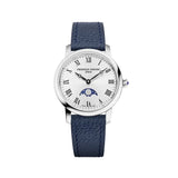 Frederique Constant Classics Slimline Ladies Moonphase quadrante argentato numeri romani cinturino pelle blu FC-206RS1S6