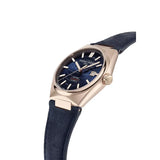 Frederique Constant Highlife Automatic Cosc vista laterale, corona con logo e cassa oro rosa satinata, cinturino blu FC-303N3NH4