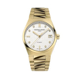 Frederique Constant Highlife Ladies Automatic quadrante argentato con motivo globo, indici diamanti, bracciale oro giallo FC-303VD2NH5B