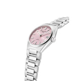 Frederique Constant Highlife Ladies Automatic vista laterale quadrante rosa e corona, bracciale acciaio integrato FC-303LP2NH6B