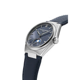 Frederique Constant Highlife Moonphase Date Manufacture vista laterale cassa acciaio spazzolato e corona con logo FC-716BL3NH6