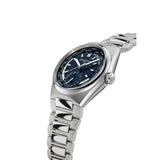 Frederique Constant Highlife Worldtimer Manufacture vista laterale cassa acciaio e corona, quadrante blu FC-718N4NH6B