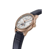 Frederique Constant Manufacture Classic Moonphase Date dettaglio corona e cassa oro rosa con cinturino blu FC-716S3H9