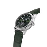 Frederique Constant Manufacture Classic Moonphase Date vista laterale cassa acciaio corona e quadrante verde sunburst FC-716GR3H6