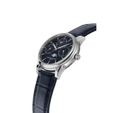 Frederique Constant Manufacture Classic Perpetual Calendar vista laterale cassa acciaio e corona, quadrante blu FC-776N3H6