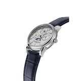 Frederique Constant Manufacture Classic Perpetual Calendar vista laterale cassa acciaio e cinturino blu alligatore FC-776S3H6