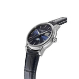 Frederique Constant Manufacture Classic Power Reserve Big Date vista laterale cassa acciaio e corona dettaglio quadrante blu FC-735N3H6