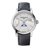Frederique Constant Manufacture Classic Power Reserve Big Date quadrante argentato fasi lunari cinturino blu alligatore FC-735S3H6