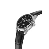 Frederique Constant Manufacture Classic Power Reserve Big Date vista laterale cassa acciaio e corona, quadrante nero FC-735B3H6