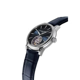 Frederique Constant Manufacture Classic Tourbillon vista laterale dettaglio corona e tourbillon, quadrante blu sunburst cinturino pelle blu FC-980N3H6