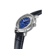 Frederique Constant Manufacture Classic Worldtimer vista laterale cassa acciaio e corona, quadrante lapis lazuli blu FC-718LA4H6