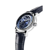 Frederique Constant Manufacture Classic Worldtimer vista laterale cassa acciaio, corona e quadrante blu dettaglio FC-718NWM4H6