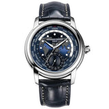 Frederique Constant Manufacture Classic Worldtimer quadrante blu con mappa mondo, cinturino alligatore blu FC-718NWM4H6