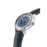 Frederique Constant Manufacture Classic Worldtimer vista laterale cassa acciaio e corona, quadrante blu worldtimer FC-719BLW3H6