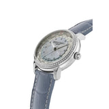 Frederique Constant Manufacture Classic Worldtimer vista laterale, cassa acciaio con lunetta diamanti e corona, cinturino blu FC-719LBWD3DH6