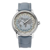 Frederique Constant Manufacture Classic Worldtimer quadrante blu con mappa mondo, lunetta diamanti, cinturino alligatore blu FC-719LBWD3DH6