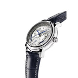 Frederique Constant Manufacture Classic Worldtimer vista laterale cassa acciaio, lancette blu e corona dettaglio FC-718WM4H6