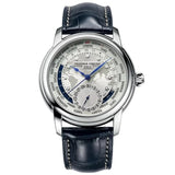 Frederique Constant Manufacture Classic Worldtimer quadrante argentato con mappa mondo, cinturino pelle alligatore blu FC-718WM4H6