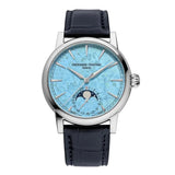 Frederique Constant Manufacture The Elements Collection orologio quadrante turchese fasi lunari cinturino pelle blu FC-BOX-THE-ELEMENT-COLLECTION
