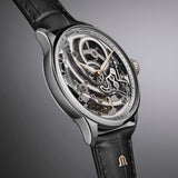 Maurice Lacroix 1975 Master Skeleton dettaglio laterale quadrante scheletrato movimento meccanico e cinturino pelle nera 758108-S1S12-002-3