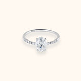 ALFYO Anello Solitario myO Oro Bianco Diamante Ovale e Diamanti sul Gambo vista frontale
