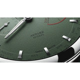 Oris Artelier Calibre 113 dettaglio quadrante verde texture granulosa con calendario mese e settimana 01 113 7806 4057-07 5 22 96FC