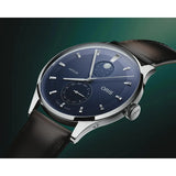 Oris Artelier Complication vista laterale cassa acciaio quadrante blu corona con logo e cinturino pelle 01 782 7811 4055-07 6 20 17FC