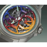 Oris ProPilot X Gonzo Edition dettaglio quadrante scheletrato sfumature blu viola rosso arancio con lancette luminose 01 115 7759 7180-Set