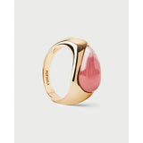 Pdpaola Anello Spring Rhodochrosite Luna Stamp in argento placcato oro con rodocrosite rosa a goccia AN01-E88-08