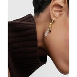 Pdpaola Orecchini Icons Occhio di Tigre Jupiter indossati vista laterale con doppio pendente quarzo e goccia trasparente PG01-376-U