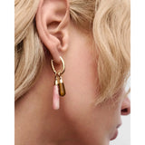 Pdpaola Orecchini Spring Rhodochrosite Large Jupiter vista indossata con doppio charm rodocrosite rosa e occhio di tigre PG01-396-U