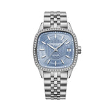 Raymond Weil Freelancer Cushion automatico donna quadrante azzurro ghiaccio guilloché W, lunetta diamanti, bracciale acciaio 2490-STS-50061