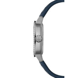 Raymond Weil Freelancer Cushion vista laterale cassa acciaio con diamanti, corona RW e cinturino pelle blu 2490-SCS-50051