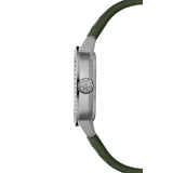 Raymond Weil Freelancer Cushion vista laterale cassa acciaio con diamanti, corona RW e cinturino pelle verde 2490-SCS-52051