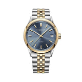 Raymond Weil Freelancer Date orologio automatico bicolore quadrante blu sunray indici a bastoni bracciale acciaio e PVD oro 2741-STP-50001