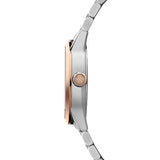 Raymond Weil Freelancer Date vista laterale cassa acciaio con corona RW in PVD oro rosa e bracciale bicolore 2741-SP5-20001