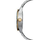 Raymond Weil Freelancer Diver vista laterale corona con logo RW, lunetta ceramica blu e cassa acciaio bicolore 2775-SP3-50051