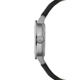 Raymond Weil Freelancer RW1212 vista laterale cassa acciaio satinato con corona RW e cinturino pelle nera 2790-STC-50051