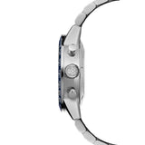 Raymond Weil Freelancer Tri-Compax Chronograph vista laterale cassa acciaio, corona con monogramma RW e pulsanti cronografo 7741-ST3-50021