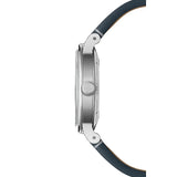 Raymond Weil Millesime Central Seconds vista laterale cassa acciaio satinato con corona incisa RW e cinturino blu 2125-SCS-50011