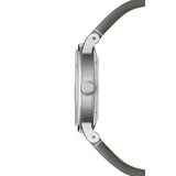 Raymond Weil Millesime Central Seconds vista laterale cassa acciaio satinato con corona RW e cinturino pelle grigia 2125-STC-65001