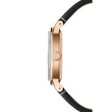 Raymond Weil Millesime Central Seconds vista laterale cassa PVD oro rosa satinata con corona monogramma RW e cinturino pelle 2925-PC5-60001