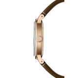 Raymond Weil Millesime Central Seconds vista laterale cassa PVD oro rosa corona con monogramma RW cinturino pelle marrone 2925-PC5-65001