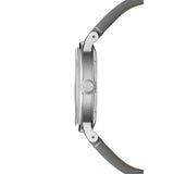 Raymond Weil Millesime Central Seconds vista laterale cassa acciaio satinato con corona monogramma RW e cinturino grigio 2925-STC-80001