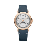 Raymond Weil Millesime Moonphase quadrante argentato a settori con fasi lunari, cassa PVD oro rosa e cinturino pelle blu 2145-PC5-05650