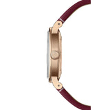 Raymond Weil Millesime Small Seconds vista laterale cassa PVD oro rosa corona con monogramma RW cinturino pelle rosso 2130-C5S-64001