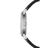 Raymond Weil Millesime Small Seconds vista laterale cassa acciaio satinato con corona incisa logo RW 2930-STC-11001