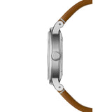 Raymond Weil Millesime Small Seconds vista laterale cassa acciaio satinato con corona incisa RW cinturino marrone 2130-STC-60521