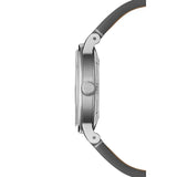 Raymond Weil Millesime Small Seconds vista laterale cassa acciaio satinato con corona RW e cinturino pelle grigia 2130-STC-80001